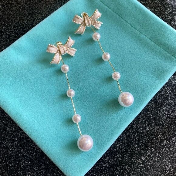 New Beautiful Bow-knot With Pearl Long Tassel Earrings 2 in 1 - Picture 6 of 12